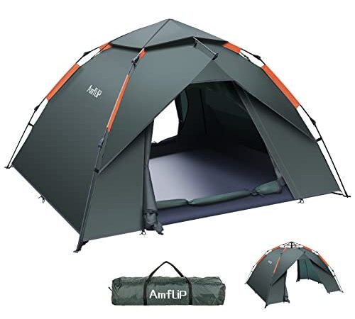 Amflip Tente de Camping 3 Homme Personnes Tente Automatique Instantanée, Double Porte, Imperméable et Coupe-Vent, Tente intérieure et Extérieure 2 en 1, pour Familles Camping Voyage Plein Air