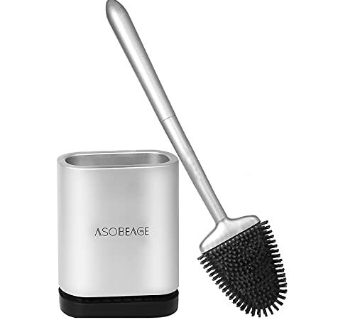 ASOBEAGE Brosse de Toilette, Brosse de Toilette en Silicone avec Support à séchage Rapide pour Toilette de Salle de Bain (Argent)