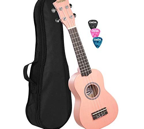 CASCHA Ukulélé soprano pour enfants et adultes I Ukulélé Kit de démarrage avec 3 médiators I Set de cordes Aquila en nylon I Petite guitare hawaïenne pour débutants et confirmés I Rose HH 3968