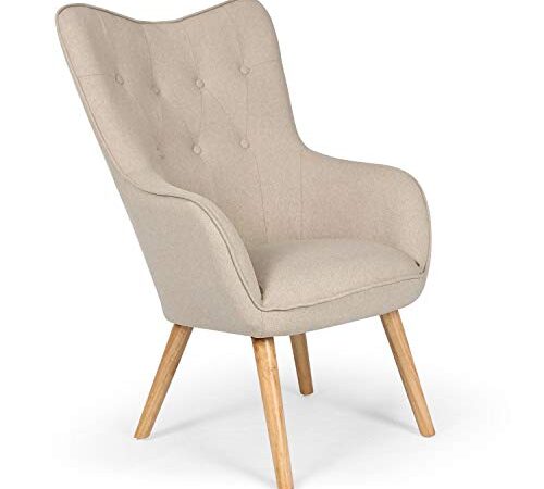 Chaise/Fauteuil Scandinave Beige Capitonné | Assise Confortable en Tissu et Pieds en Bois | Modèle Klarys | L67 x P75 x H100 cm