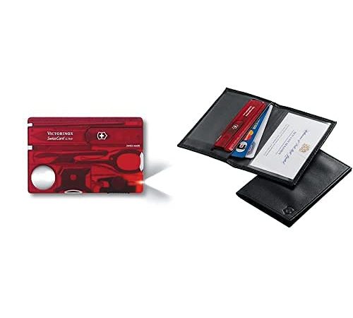 Couteau de poche Victorinox Swisscard Lite (13 fonctions, loupe, lampe LED) rouge translucide & Etui en Cuir pour Swisscard