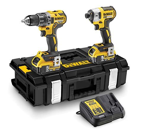 DEWALT - Kit 2 Outils avec Perceuse-Visseuse Percussion Compact DCD796 et Visseuse à Chocs DCF887, XR 18V, 5Ah - DCK266P2-QW - Sans Fil - Vitesse Variable - Pour Métal, Béton et Bois