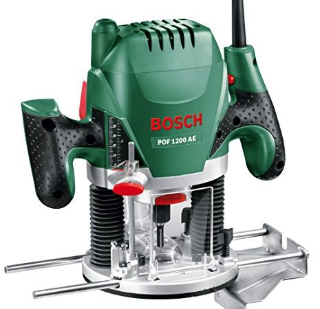 Défonceuse Bosch - POF 1200 AE (Livré avec: Adaptateur d’aspiration , Clé à fourche, Bague de copiage, Fraise à rainurer droit Ø 8 mm, Butée parallèle, 3 pinces de serrage, Pointe de centrage).