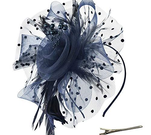 DRESHOW Fascinator Chapeau Plume Mariage Dames Day Bandeau et Clip Cocktail Tea Party Chapeau pour Fille et Femmes,Taille unique,Bleu-Navy