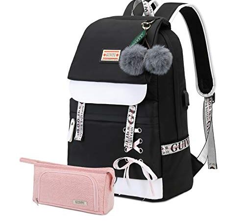 GUIVITU Cartable pour Fille Primaire Sac à Dos Fille Enfant Adolescent Collège Bagages Femme Voyage Loisir Collégienne Gran Capacité Backpack Bag Cartables et Trousses Scolaire (Noir)