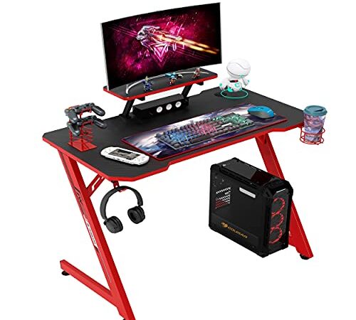 IntimaTe WM Heart Bureau Gaming, Bureau d'Ordinateur Grand pour Gamer, Plateau Fibre de Carbone, Partition pour Affichage, Support Poignée, Ecouteurs Rotatif, Porte Gobelet, 110cm (Red)