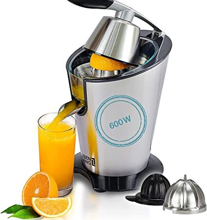 LEBENLANG Presse-agrumes électrique à haut rendement en jus - 600W - Presse agrumes avec cône en acier inoxydable - Presse-agrumes à levier - Presse-agrumes pour oranges e citrons