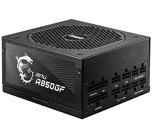 MSI MPG A850GF Bloc d'Alimentation, Prise EU, 850W, Certifié 80 Plus Gold, PSU ATX Entièrement Modulaire, Support GPU 3 x 6+2 Pin, Condensateurs Japonais 105°C, Câbles Noirs Plats, Garantie 10 ans