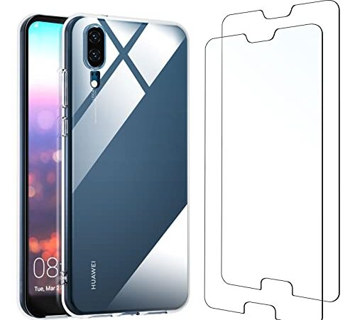 NEW'C Coque pour Huawei P20 Haute Transparente Silicone en Gel TPU Souple et 2 × Verre trempé Film Protection écran pour Huawei P20 - Anti Rayures