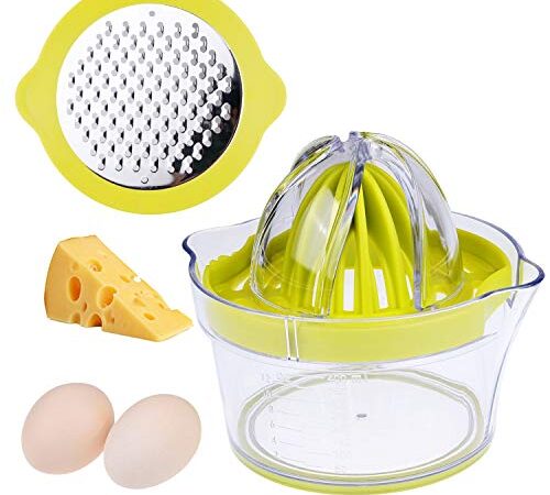 Presse-agrumes avec filtre à pulpe, râpe à fruits/légumes/chocolat, bol à mesurer, séparateur de jaune d'oeuf - Conception peu encombrante - Fond antidérapant en silicone - Lavable au lave-vaisselle