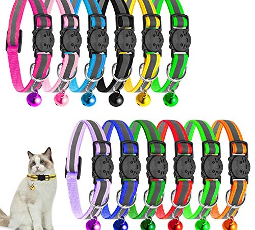 SOSPIRO Collier de Chat 12 Pièces Collier Anti-étranglement pour Chat Collier pour Chat avec Sangle Réfléchissante et Cloche Boucle de Ceinture à dégagement Rapide Collier Chaton et Chiot