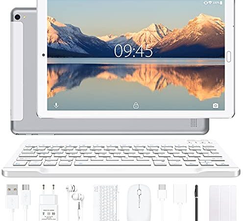 Tablette 10 Pouces YESTEL Android 11 Tablette avec 4 Go RAM + 64 Go ROM - WiFi | Bluetooth | GPS, 8000 mAH, avec Souris | Clavier et Couverture - Argent