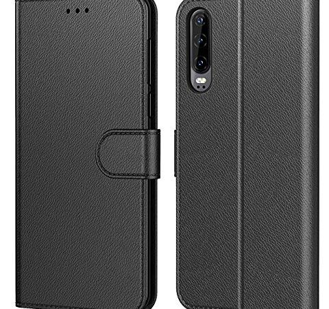 Tenphone Etui Coque pour Huawei P30, Protection Etui Housse en Cuir Portefeuille Livre,[Emplacements Cartes],[Fonction Support],[Languette Magnétique] pour (Huawei P30 (6,1"), Noir)