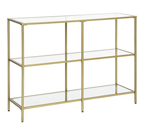 VASAGLE Table Console, Meuble d’entrée, Étagère à 3 Niveaux, en Verre trempé, 100 x 30 x 73 cm, Cadre en métal, Style Moderne, pour entrée, Salon, Chambre, Doré LGT27G