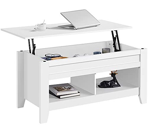 Yaheetech Table de Basse Relevable Extensible, Table de Salon Fonctionnelle, Table élévatrice avec Porte-Revues, en Bois MDF, Deux Compartiements, Désign Moderne 104 x 49 x 49/61 cm Blanc