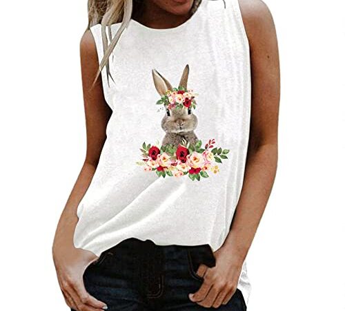 Zilosconcy Débardeur basique pour femme - Décontracté - Décontracté - T-shirt - Débardeur - Pour adolescentes - Fille - Imprimé sans manches - Motif de Pâques - Sexy - Épaules dénudées, A29-blanc, XXL