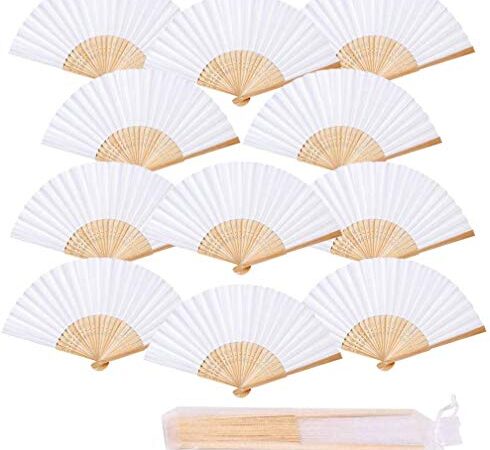 iZoeL 12pcs Eventail Mariage Eventail Pliant Ventilateur Bois Papier et Blanc Eventail Japonais Poche Pliante Demoiselles Cadeaux Mariage Fête Decorer Danse fête décoration DIY (Blanc)