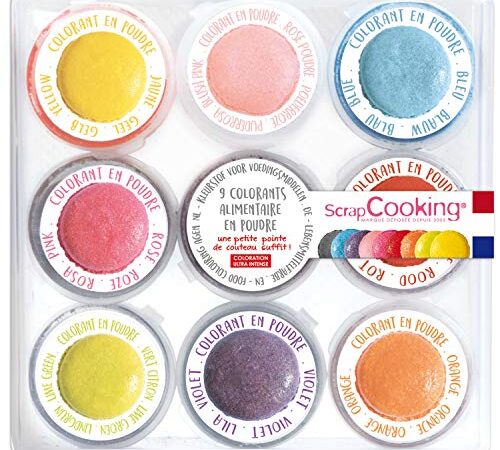 SCRAP COOKING Boite de 9 Colorants Alimentaires en Poudre Bleu, Jaune, Rose, Violet, Orange, Vert Citron, Rouge, Rose Poudré, Noir Cake Design Pâtisserie pour Desserts, Gâteaux, Macaron