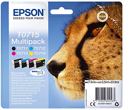 Epson Multipack T0715 Guépard, Cartouches d'encre d'origine, 4 couleurs : Noir, Cyan, Magenta, Jaune, D78 D92 D120 DX4000 DX5000 DX7000F DX8400 S20 SX100 SX200 SX210 SX400 SX600FW BX300F B40W BX610FW