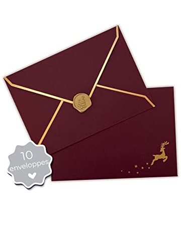 JoliCoon 10 Enveloppes Noël Premium - Enveloppe de Noël avec renne doré et cachet de cire