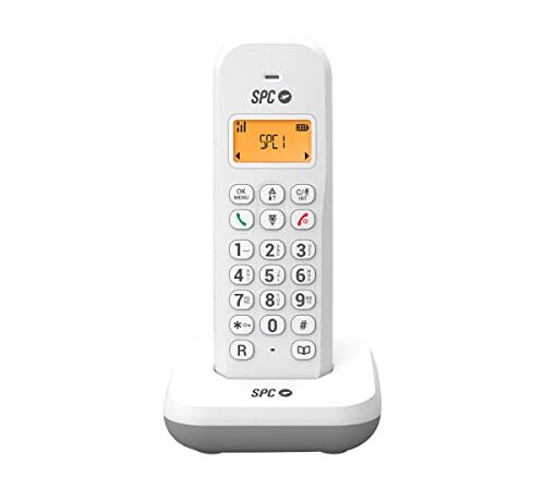 SPC Keops – Téléphone Fixe sans Fil avec écran Lumineux, Identification de l'appelant, 50 Contacts, Mode ÉCO, compatibilité Gap, Date et Heure à l’écran - Blanc