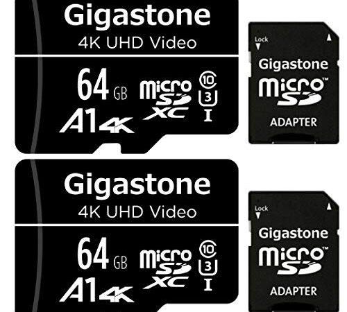 Gigastone Carte Mémoire 64 Go Lot de 2 Cartes, Compatible avec Gopro Drone Caméra Tablette Samsung Sony, Haute Vitesse pour 4K UHD Vidéo, A1 U3 C10 Carte Micro SDXC avec Mini étui et Adaptateur SD.