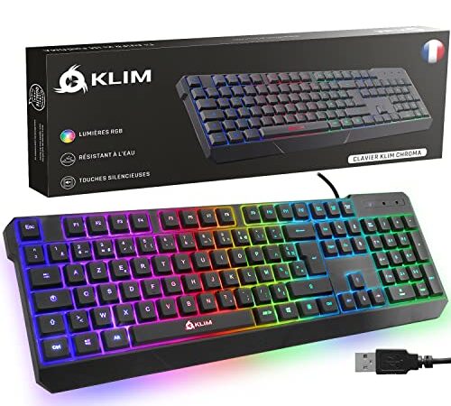 KLIM Chroma Clavier Gamer AZERTY FR + Nouveau 2022 + Silencieux USB + Clavier Filaire Rétroéclairé LED + PC Gaming PS4 PS5 Mac + Noir