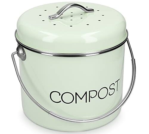 Navaris Poubelle à Compost 5L - Bac à Compost de Cuisine en Acier Inoxydable - Composteur de Cuisine pour Déchets Alimentaires - 3x Filtre Charbon