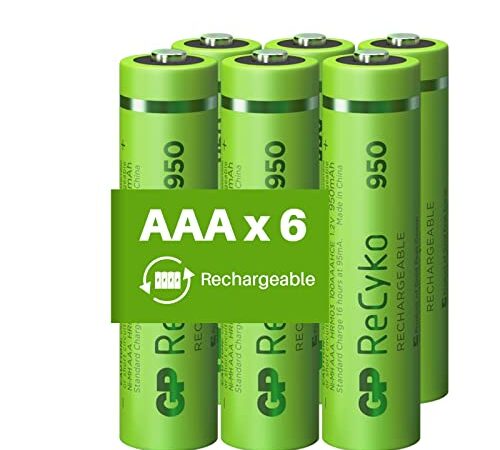 Piles Rechargeables AAA - Lot de 6 Piles | GP Recyko | Batteries AAA LR3 Rechargeables 950 mAh NiMH - Pré-Chargées et Haute capacité | pour Utilisation Quotidienne dans Tous Vos appareils