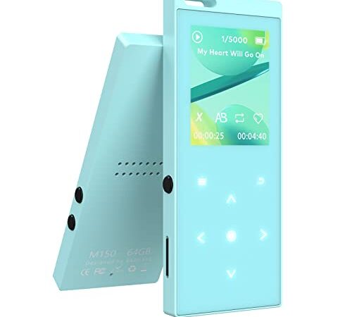 Vert Clair 64GB Lecteur MP3 Bluetooth 5.2. 1,8" Portable Lecteur mp3 Enfant, Lecteur MP3 Sport avec Haut Parleur intégré, Radio FM, Enregistrement, e-Book, Extensible à 128 Go (écouteurs Inclus)
