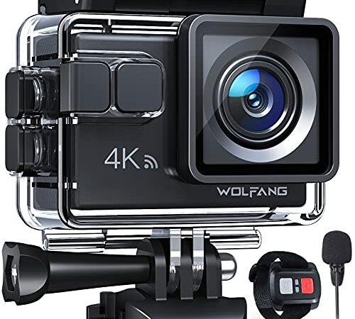 WOLFANG Caméra Sportive GA100 4K 30 FPS, caméscope WiFi de 20 MP, caméra sous-Marine 40 m avec Double Microphone, télécommande, EIS Anti-Vibration, Batterie 2 x 1050 mAh, Divers Accessoires
