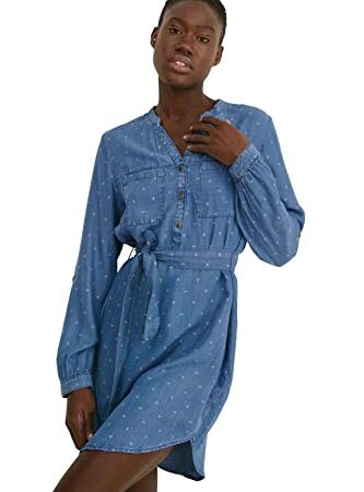 C&A Robe pour femme - Col boutonné - Mini - Robe courte en forme de Shift, Bleu jean, 48
