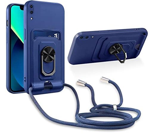 Aithne Cordon de Coque Compatible avec Xiaomi Redmi Note 7 / Note 7 Pro,[Béquille 360° Rotatif] [Fentes pour Cartes] Antichoc Réglable Lanyard Silicone Case - Bleu