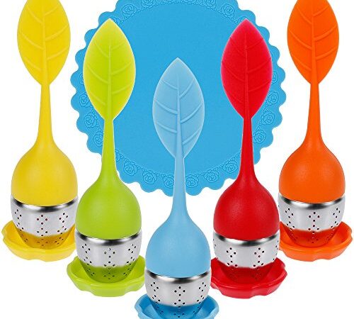 Anpro 5PCS Ensemble de Infuseur de Thé Silicone Diffuseur Boule à Thé En Acier Inox Filtre à Thé Diffuseur à Thé Avec Soucoupes et 1PCS Tapis de Tasse