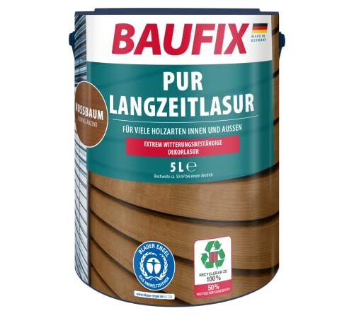 BAUFIX Lasure PU Longue durée noyer, satinée mate, 5 litres, Lasure pour bois, Pour intérieur et extérieur, particulièrement robuste, pour toutes les essences de bois, résistante aux intempéries