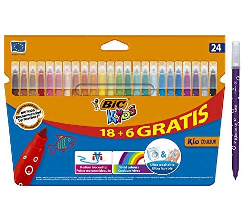 BIC Kids Couleur Feutres de Coloriage pour Enfants, Pointe Moyenne - Couleurs Assorties, Etui Carton de 18+6