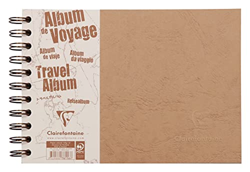 Clairefontaine 78116C Collection Age Bag Un Album de Voyage à Spirale Tabac - A5 paysage 21x14,8 cm - 80 Pages - Papier Blanc 120 g Ligné + Papier à Grain Noir 160 g - Couverture Lustrée Grain Cuir