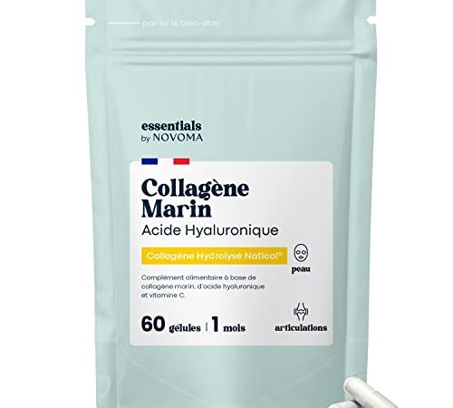 Collagène Marin + Acide Hyaluronique, Peau Hydratée et Articulations Fortes, Cure de 1 mois, 60 Gélules, Collagene Hydrolysé Type 1 Naticol®, Avec Vitamine C, Fabriqué en France, Essentials by Novoma