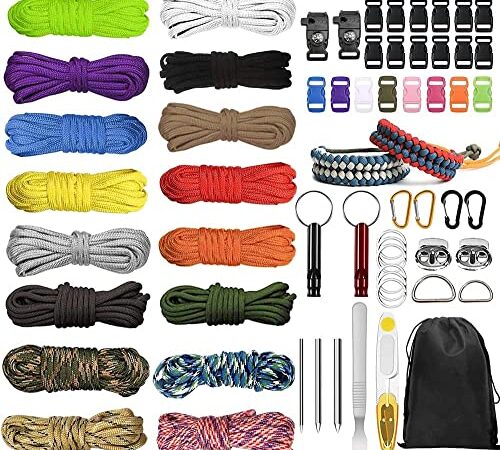 EUBSWA Paracorde Set 16 Couleurs, Corde en Nylon paracorde 550, Multifonction Contient Une Boucle De Corde Et des Aiguilles À Coudre, Convient pour Faire DIY Bracelet Lanière Porte clés