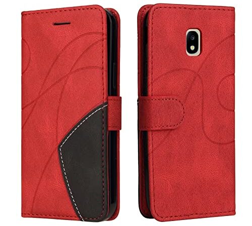 Fatcatparadise Coque pour Samsung Galaxy J3 2017 / J330, Etui en Cuir PU Portefeuille Housse Fermeture Magnétique und Flip Protection Case avec Antichoc TPU, Etui à Rabat, Fentes pour Cartes (Rouge)