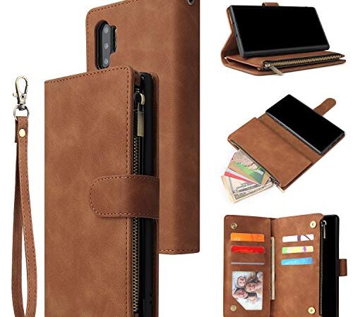 Fatcatparadise Coque pour Samsung Galaxy Note 10 Plus [avec Verre Trempé], PU Cuir Flip Housse Magnétique Étui Cover Wallet Portefeuille Support avec Six Porte-Cartes Pochettes Case (Kaki)