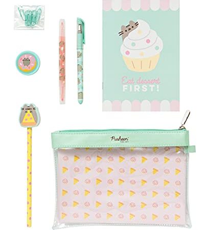 Grupo Erik - Set de Papeterie Pusheen Foodie Collection | Inclut : 1 Stylo Gel, 1 Surligneur, 1 Crayon de Papier, 1 Carnet A5, 1 Taille-Crayon, 8 Trombones, Trousse | Fournitures Scolaires Kawaii