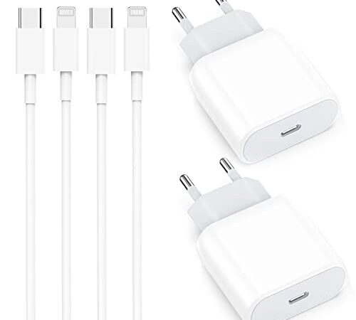 iPhone Chargeur, 4-Pack USB C Chargeur Rapide pour iPhone 14 13 12 11 Pro Max Plus Mini SE XS XR X 8 7 6,iPad,AirPods, 20W USBC Prise et 2M Cable Type C Alimentation Secteur Mural Adaptateur de Charge