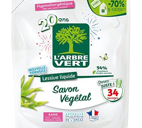 L'ARBRE VERT L'arbre vert - recharge lessive 1.53 l savon vegetale - 34 lavages - Le bidon de 1,53 l