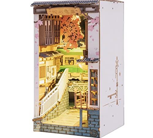 Rolife Puzzle 3D Bois Maquette DIY Livre Nook Maquette Kits pour Étagère Serre-Livres Décor avec Meubles et Accessoires, Sakura Densya