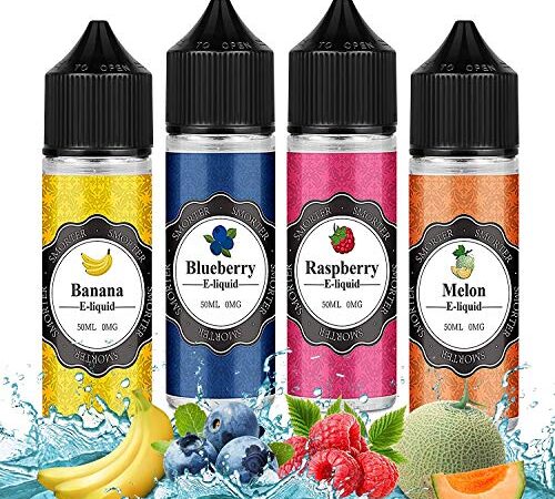 Smorter 50mlx4 Vape E Liquide Ecig Vape Juice E Liquid E Juice Juicy Flavor 70/30 Eliquid Myrtille Melon Banane Framboise pour Cigarette électronique Vape Pen Kit de démarrage sans nicotine sans tabac