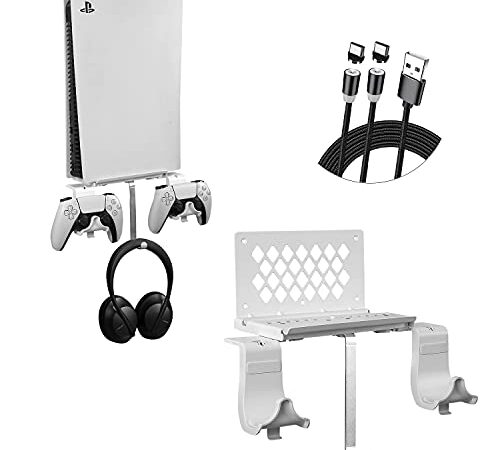 Support Mural pour PS5 Console, Hosanwell Support pour PS5 avec 2 Support de Manette Détachable et Support de Casque, en Métal Massif avec Accessoires Installation Facile Blanc