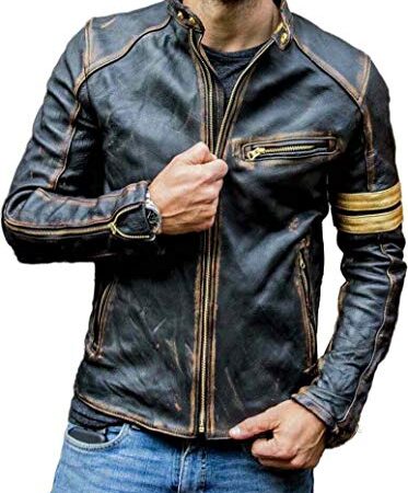 Veste de motard vintage en cuir vieilli pour homme Noir - Noir - XL