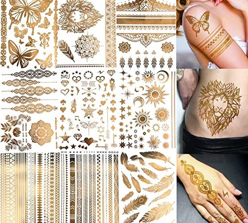 Bilizar 9 Feuilles 110+ Tatouage Ephemere Doré Lion Faux Bijoux de Peau Festival Accessoire Tatoo Femme Tatouages Temporaire Doree Dore Métallique Briller Tatouage éphémères Fille Adultes Tattoos Lune