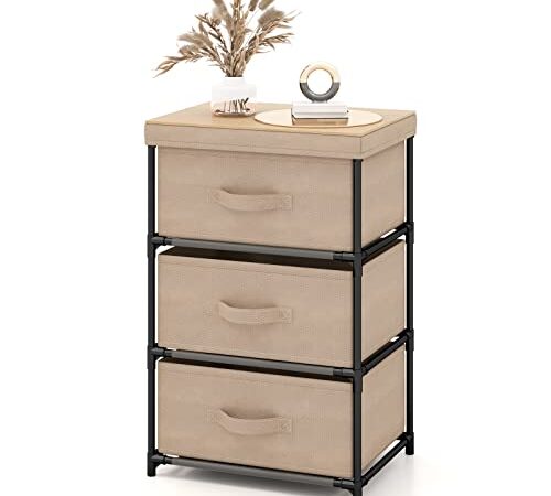 COSTWAY Commode 3 Tiroirs en Tissu, Commode Chambre Adulte avec Cadre en Métal, Meuble Tiroir Rangement pour Chambre, Industriel, 20 x 48 x 76 cm (Café Clair, 3 Tiroirs | Poignée)